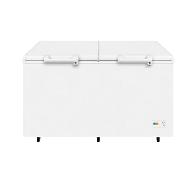Haier 450L Chest Freezer with white color featuring double doors, a control knob on the front, and built on universal wheels.