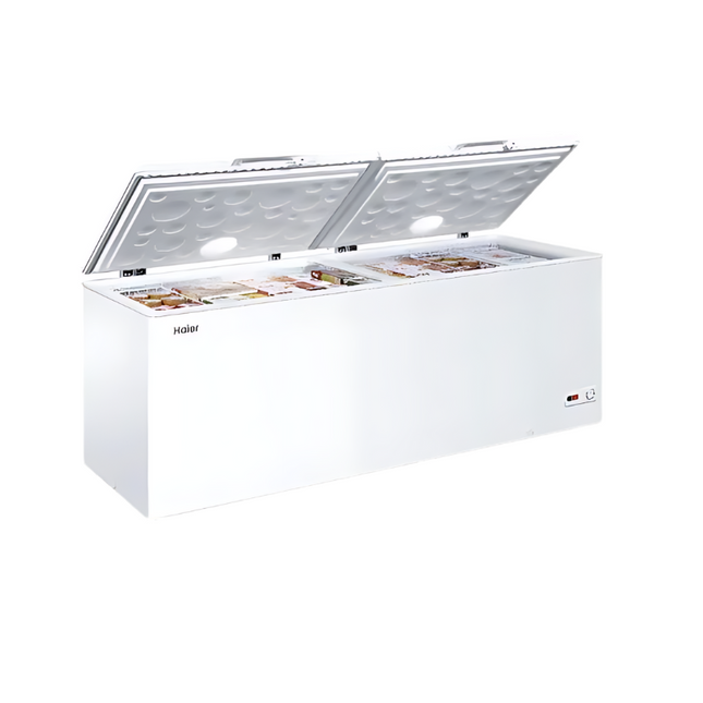 Haier chest freezer with a 750L capacity, white color, and anti-bacterial door seal. The product is open, showing the interior shelves.
