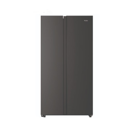 Haier side by side refrigerator with a black matte finish featuring a twin inverter system, displayed against a white background.