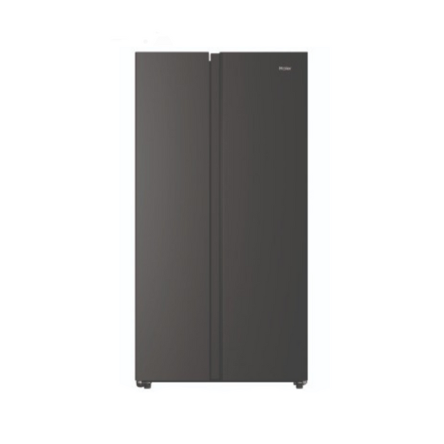 Haier side by side refrigerator with a black matte finish featuring a twin inverter system, displayed against a white background.