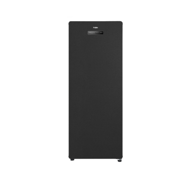 Haier 168L Upright Freezer in black slate color, displaying its exterior front view with brand logo and product details.