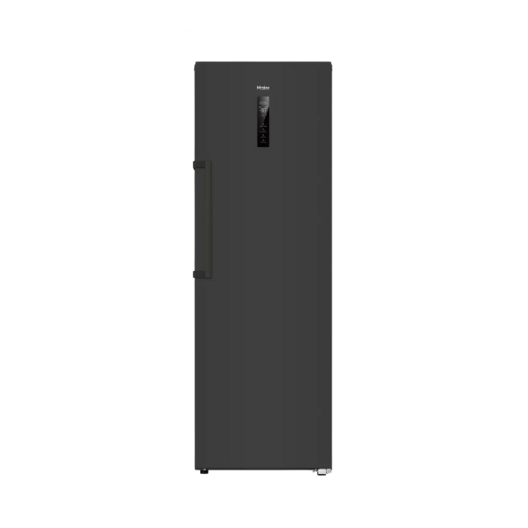 Haier 331L Upright Freezer in black slate color, showcasing the front view with a closed door.