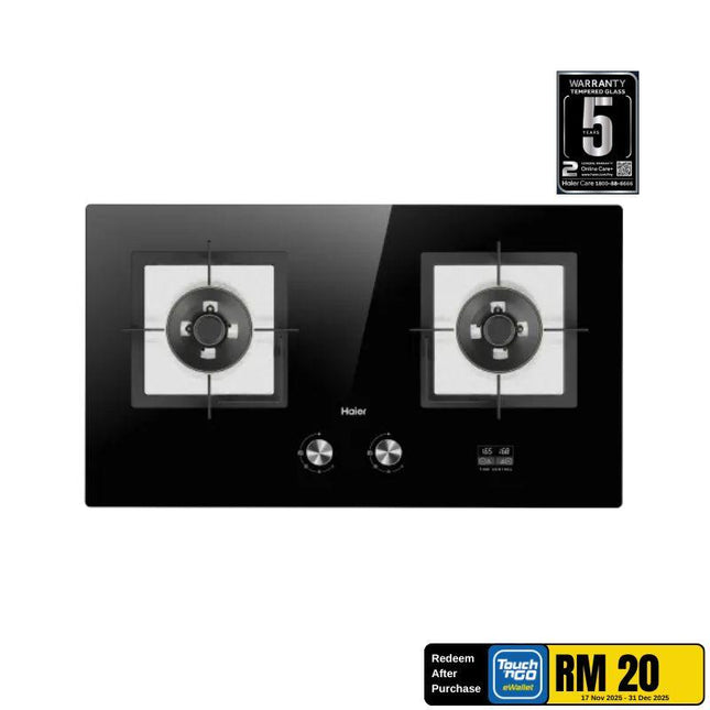 Haier HC-Q68266BT 86cm Built-in Gas Hob – Dual Flame, 2 Burners, Tempered Glass, 5.0kW Power
