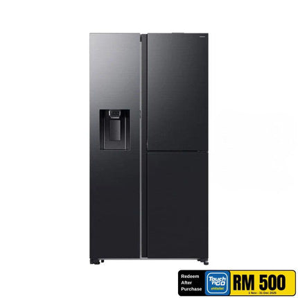 Samsung RS80F65GNFME 609L Side By Side Fridge, 3-Door Refrigerator, Food Showcase, Black