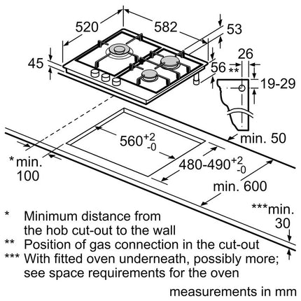 Bosch PCC6A5B90 Gas Hob Series 6 3 Burners Stainless Steel 60cm