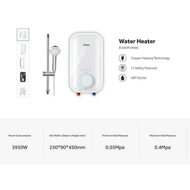 Haier DC Pump Water Heater with Safety Point & Shock Proof EI39HP1M(W)
