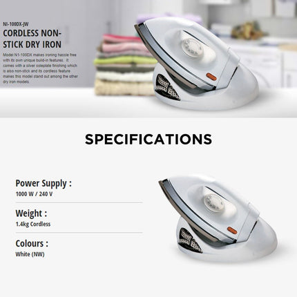 [𝐅𝐑𝐄𝐄 𝐃𝐄𝐋𝐈𝐕𝐄𝐑𝐘]  PANASONIC NI-100DX (1.4KG) CORDLESS DRY IRON NON STICK 1000W NI-100DX-JW Dry Iron Non Stick Soleplate