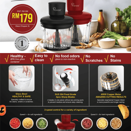 La gourmet Healthy Glass Chopper 2L - SUS304 Stainless Steel Blade, BPA Free Glass, Easy Clean, No Food Odors