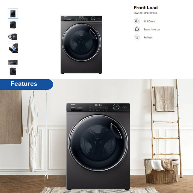 HAIER 12KG Front Load Inverter Washing Machine HW120-BP14959S8 | Super Inverter | Super Drum XL : 525 Drum | Hygiene Care | Laser Welding Technology | Washing Machine with 2 Years Warranty