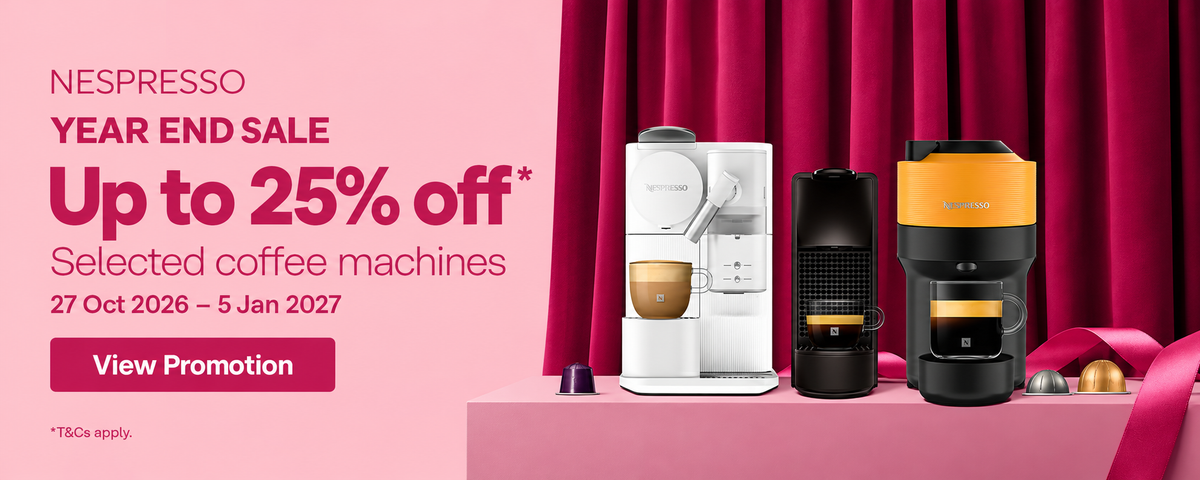 Nespresso Year End Sale, up to 25% off selected coffee machines. 27 October 2026 to 5 January 2027. Terms apply.