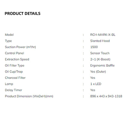 (FREE Shipping) Rubine Chimney Hood 1500 m³/hr Suction Power Stainless Steel RCH-MARKX-BL + FREE Ducting Hose DC18