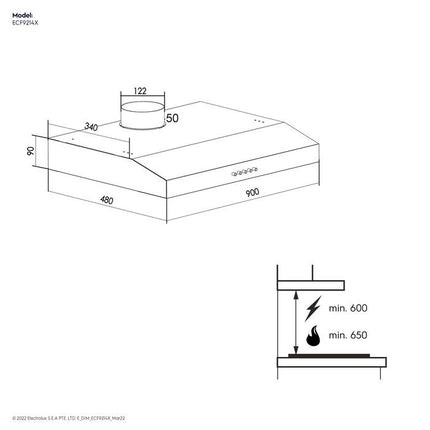 Electrolux ECF9214X Cooker Hood Slimline Suction Power 600M3/hr 90cm