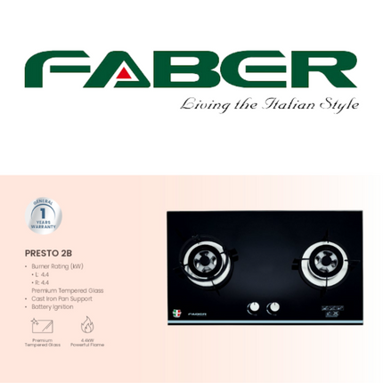 Faber PRESTO 2B/76BK 2 Burner Glass Gas Cooker Hob Battery Ignition Premium Tempered Glass FGH PRESTO 2B/76BK Dapur Gas