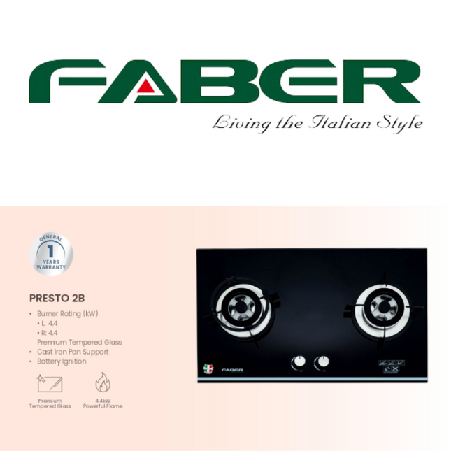 Faber PRESTO 2B/76BK 2 Burner Glass Gas Cooker Hob Battery Ignition Premium Tempered Glass FGH PRESTO 2B/76BK Dapur Gas