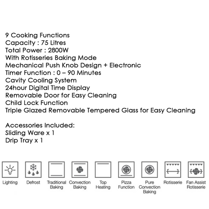 Senz SZ-OV759-9F Build-in Push Knob Digital Multi Oven 75 Liter with 9 Cooking Functions / 2800W