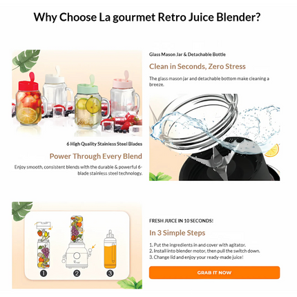 La gourmet Healthy Retro Juice Blender 0.6L - High Power, 6 Stainless Steel Blade, BPA Free, Easy Clean