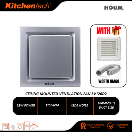 Houm Ceiling Mounted Ventilation Exhaust Fan 90CFM 120CFM SV90-D1 (Round) / SV90-D2 SV120-D2 (Square) 4 Inch