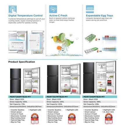 Midea 280L Inverter 2 Doors Fridge MDRT346MTB28-MY Refrigerator (Net Capacity: 236L ) MDRT346MTB28MY