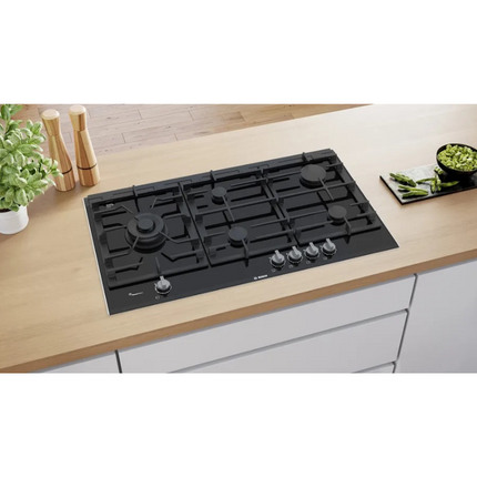 Bosch Serie 8 90cm Gas Hob PRS9A6D70 Black Ceramic 5 Gas burner PRS9A6D70 / Bosch PRS9A6B70 Terbina Dalam Dapur Gas