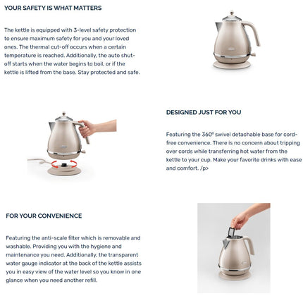 Delonghi KBOT2001 Icona Metallics Electric Kettle 1.7L KBOT2001BG Champagne Beige KBOT2001AZ Mesmerising Azure