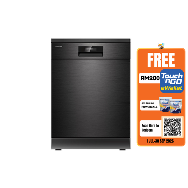 Toshiba DW-14F2 Free Standing Dishwasher UV-LED Anti-Bacterial Dual Wash Zone 14 Place Setting Max 118 pieces 6 Programs Black DW14F2
